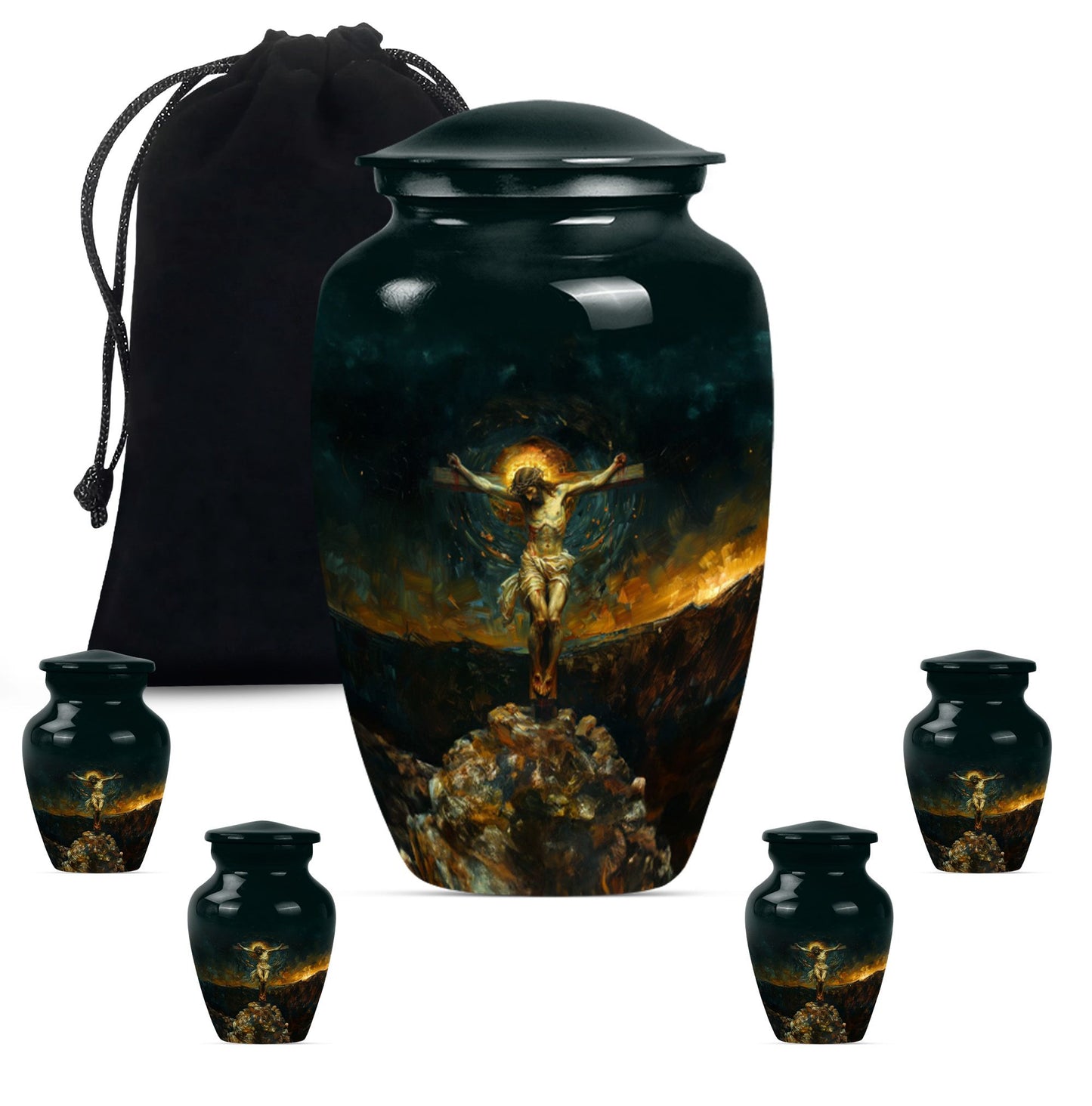 Classic Jesus-themed cremation urn for holding adult human ashes.