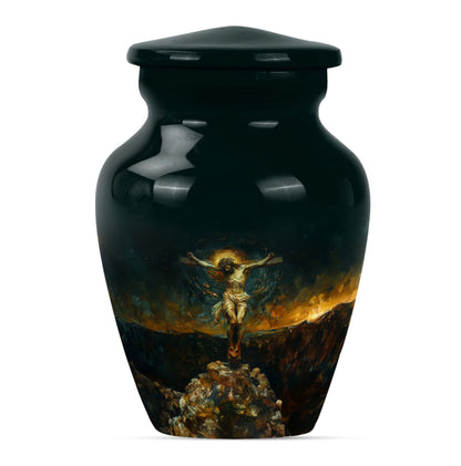 Classic Jesus-themed cremation urn for holding adult human ashes.