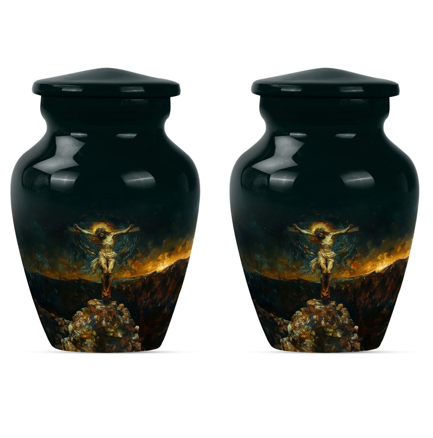 Classic Jesus-themed cremation urn for holding adult human ashes.