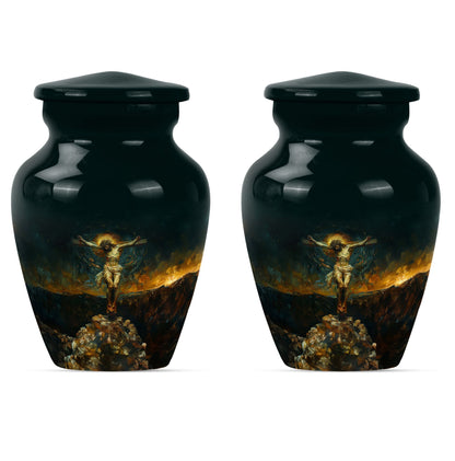 Classic Jesus-themed cremation urn for holding adult human ashes.