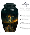 Classic Jesus-themed cremation urn for holding adult human ashes.
