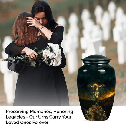 Classic Jesus-themed cremation urn for holding adult human ashes.