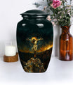 Classic Jesus-themed cremation urn for holding adult human ashes.