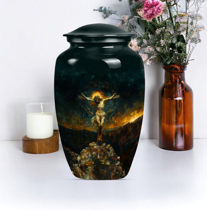 Classic Jesus-themed cremation urn for holding adult human ashes.