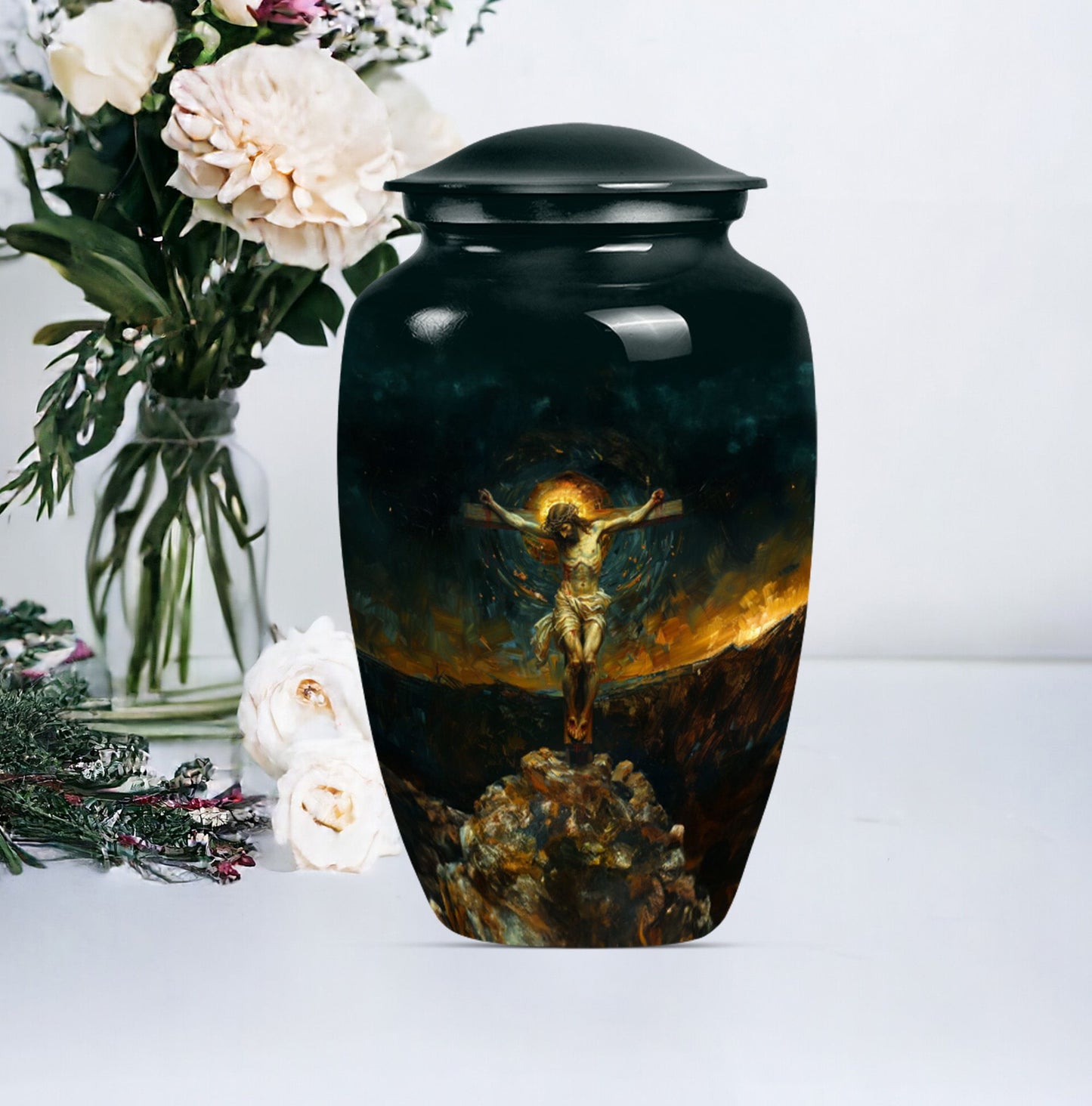 Classic Jesus-themed cremation urn for holding adult human ashes.