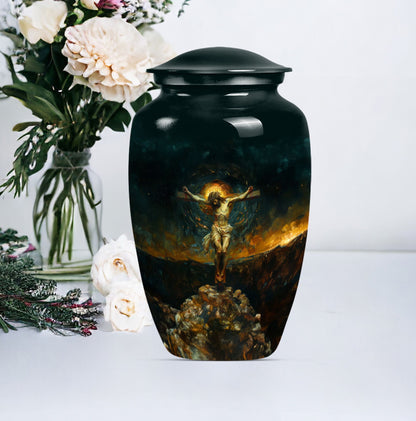 Classic Jesus-themed cremation urn for holding adult human ashes.