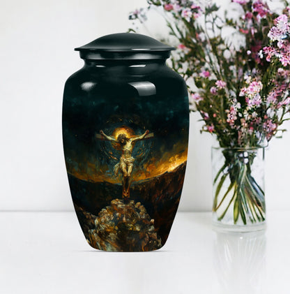 Classic Jesus-themed cremation urn for holding adult human ashes.