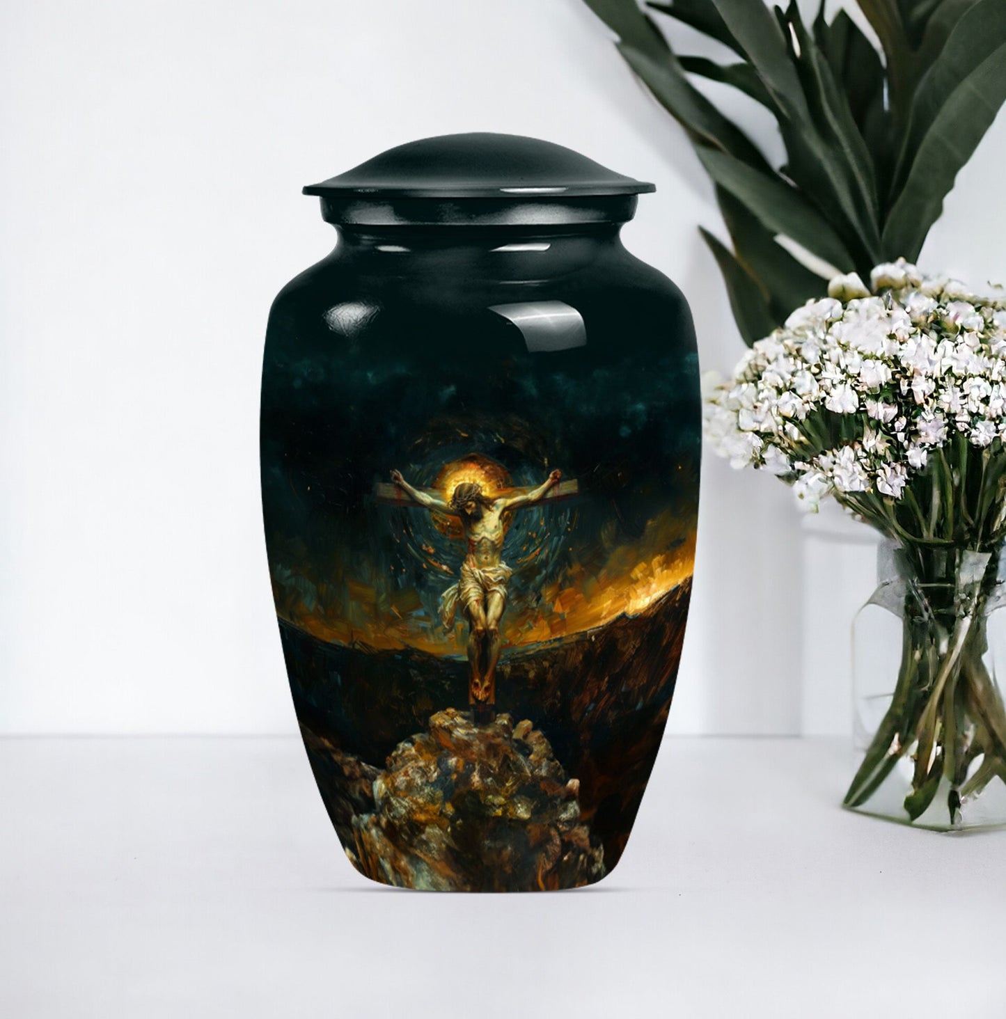 Classic Jesus-themed cremation urn for holding adult human ashes.