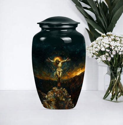 Classic Jesus-themed cremation urn for holding adult human ashes.