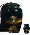 Classic Jesus-themed cremation urn for holding adult human ashes.