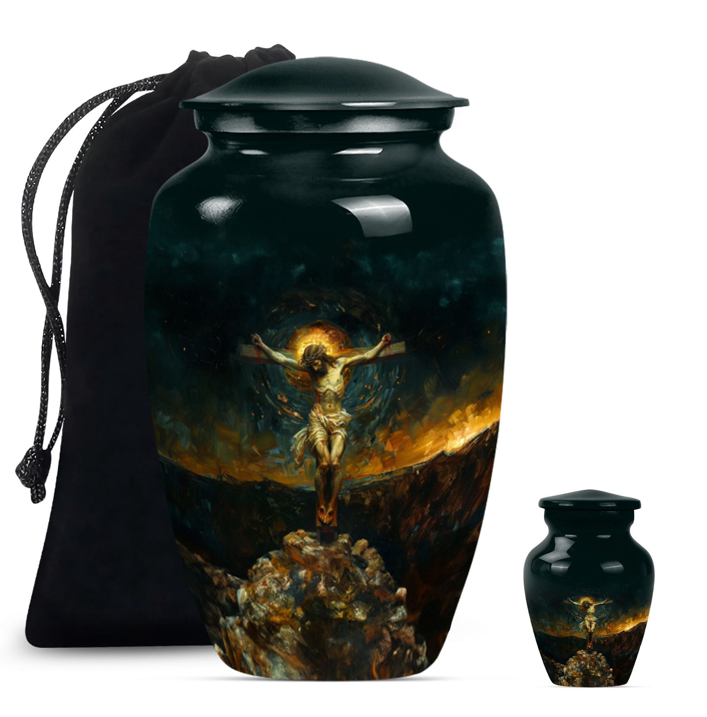 Classic Jesus-themed cremation urn for holding adult human ashes.