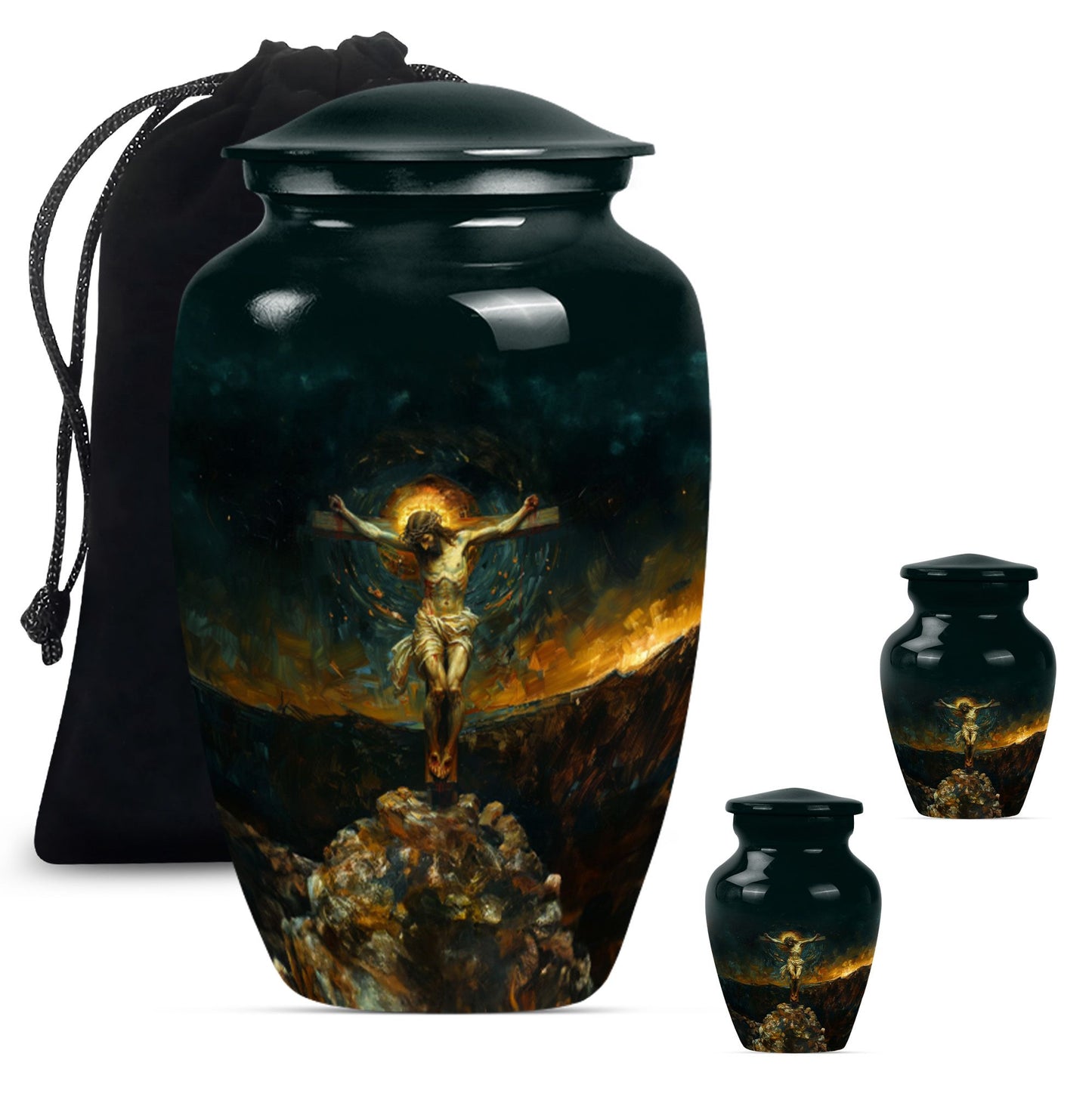 Classic Jesus-themed cremation urn for holding adult human ashes.