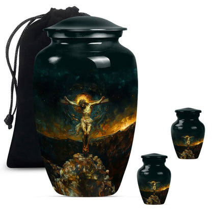 Classic Jesus-themed cremation urn for holding adult human ashes.