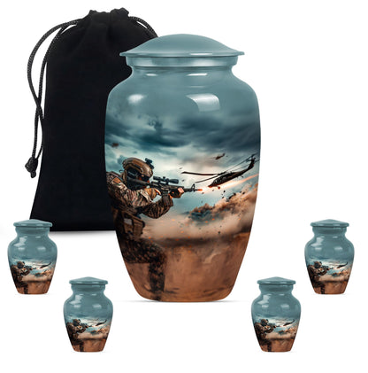 Military Urn for Human Ashes with Soldier and Helicopter Scene, Memorial Urn