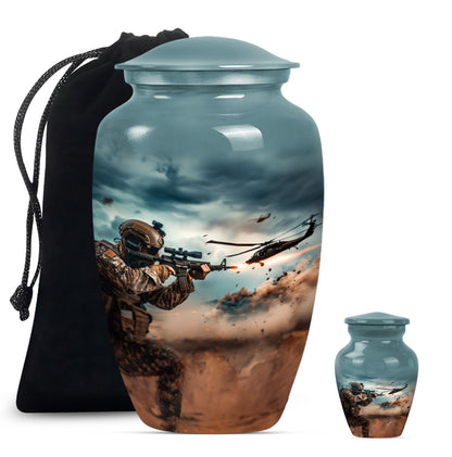 Military Urn for Human Ashes with Soldier and Helicopter Scene, Memorial Urn