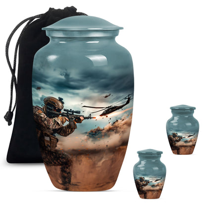 Military Urn for Human Ashes with Soldier and Helicopter Scene, Memorial Urn