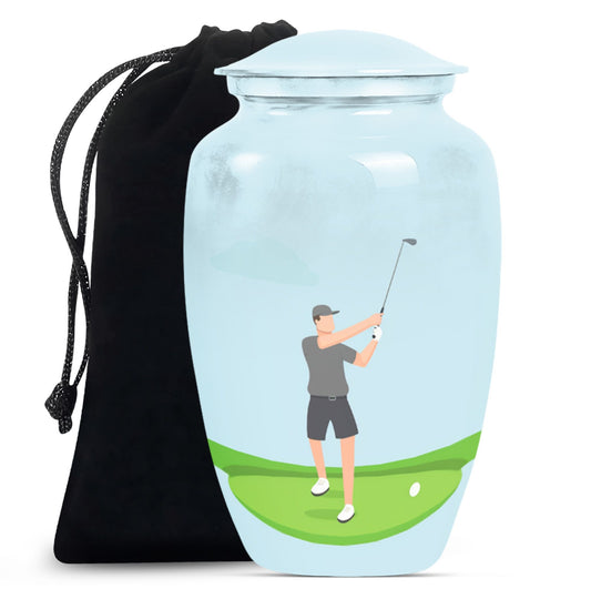 classic golf urn for ashes, crafted from aluminium with abstract theme,