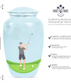 classic golf urn for ashes, crafted from aluminium with abstract theme,