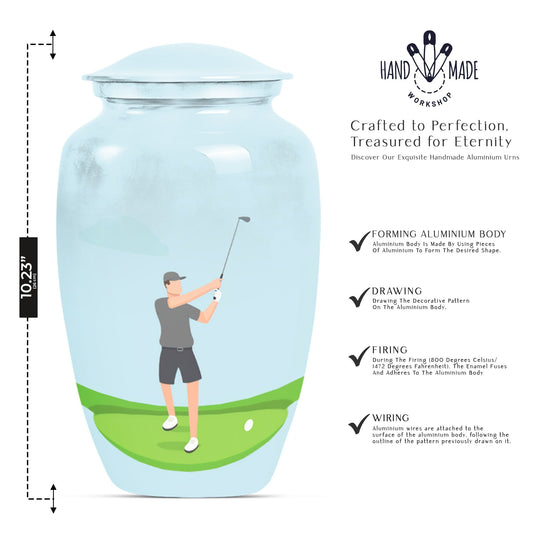 classic golf urn for ashes, crafted from aluminium with abstract theme,