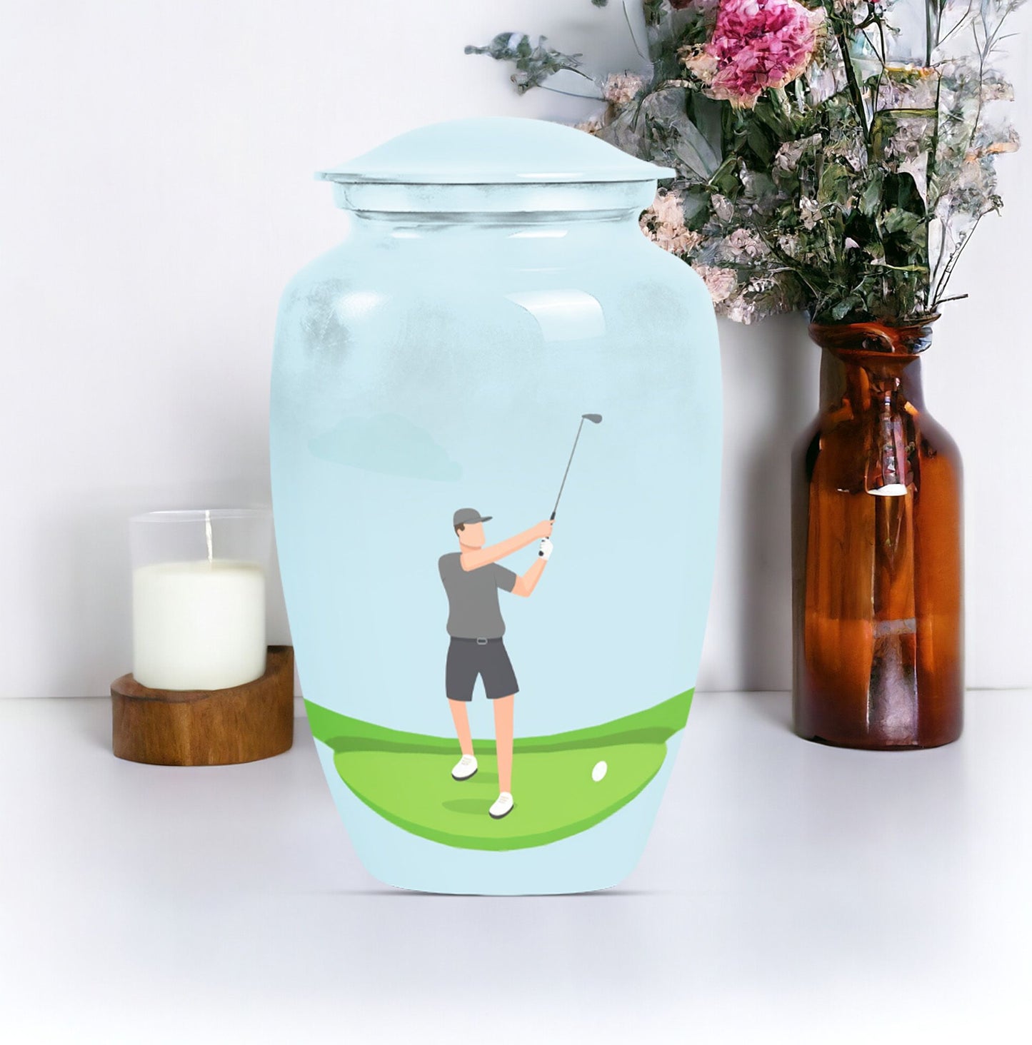 classic golf urn for ashes, crafted from aluminium with abstract theme,