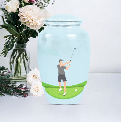 classic golf urn for ashes, crafted from aluminium with abstract theme,