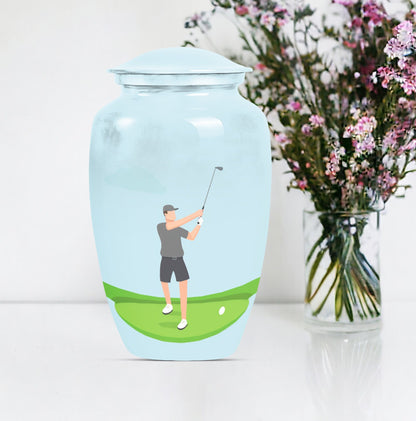 classic golf urn for ashes, crafted from aluminium with abstract theme,