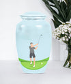 classic golf urn for ashes, crafted from aluminium with abstract theme,