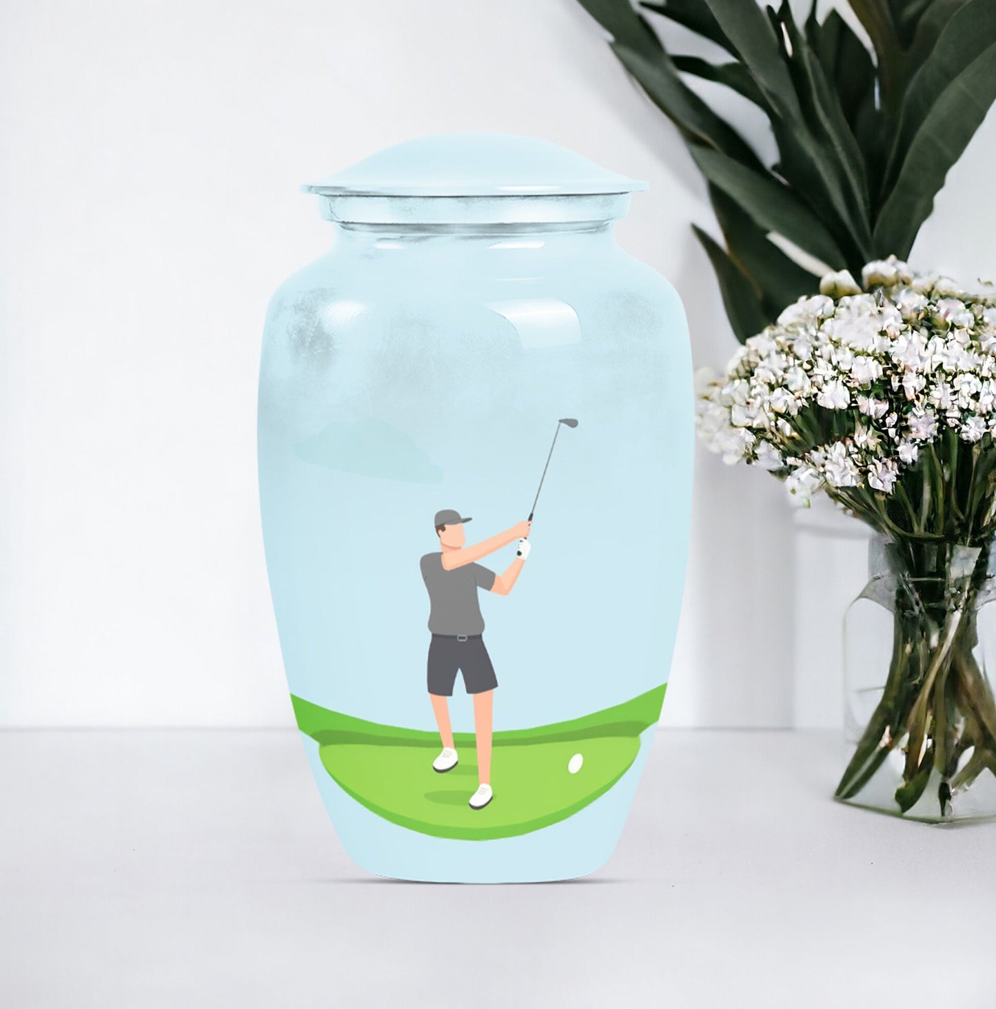 classic golf urn for ashes, crafted from aluminium with abstract theme,