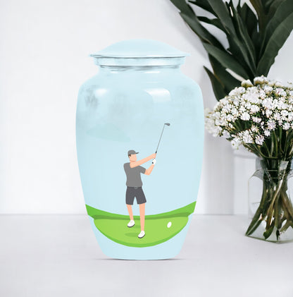 classic golf urn for ashes, crafted from aluminium with abstract theme,
