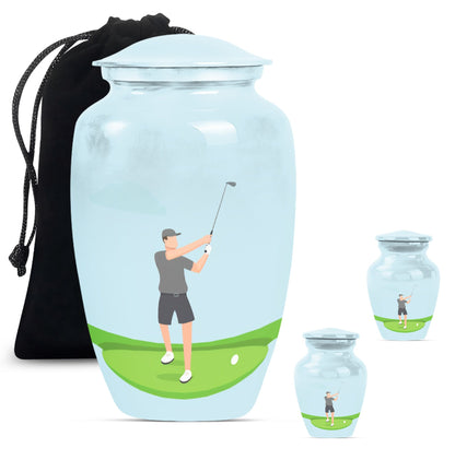 classic golf urn for ashes, crafted from aluminium with abstract theme,