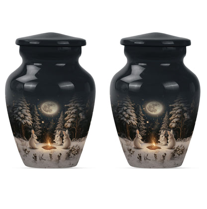 white bunny moon Urn, classic aluminium cremation urn.