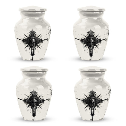 classic catholic urn with abstract design for funeral burial.