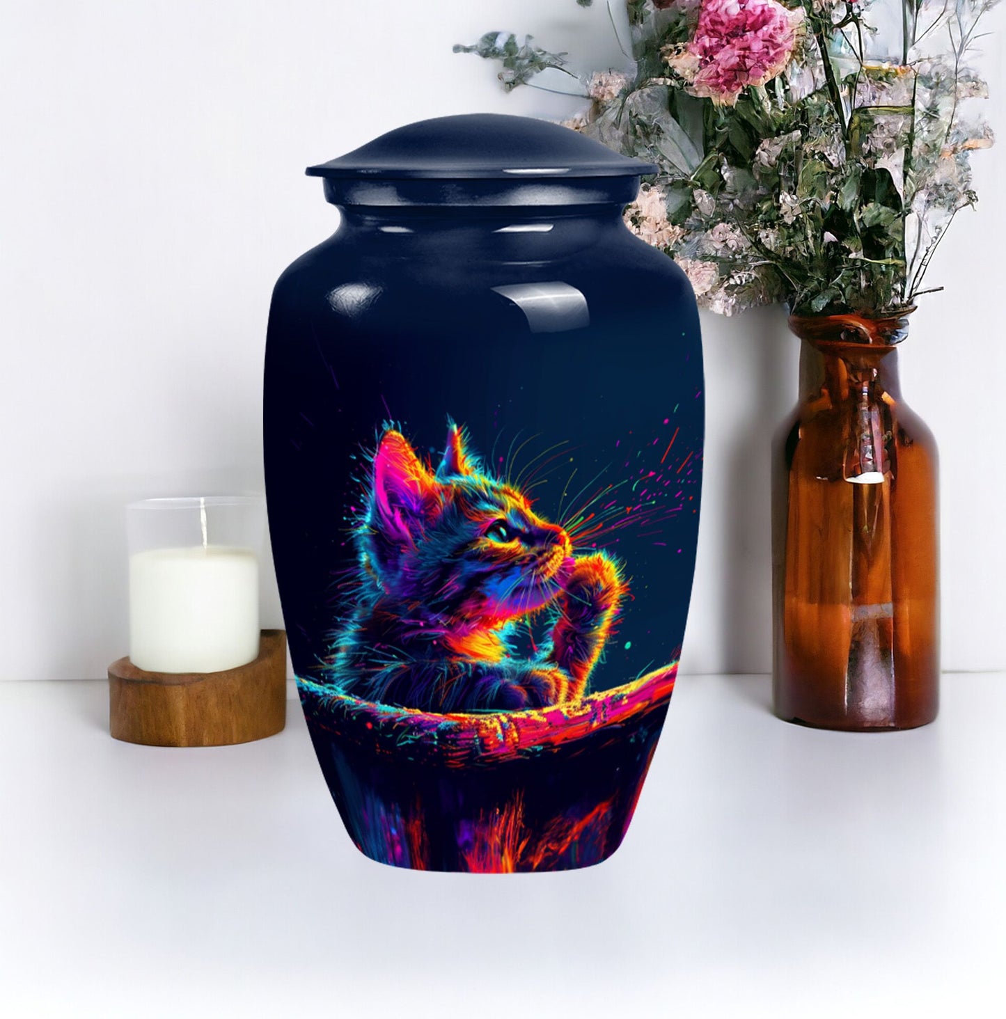 Classic Aluminium Cat Urn, Large Abstract Design with Engraving.