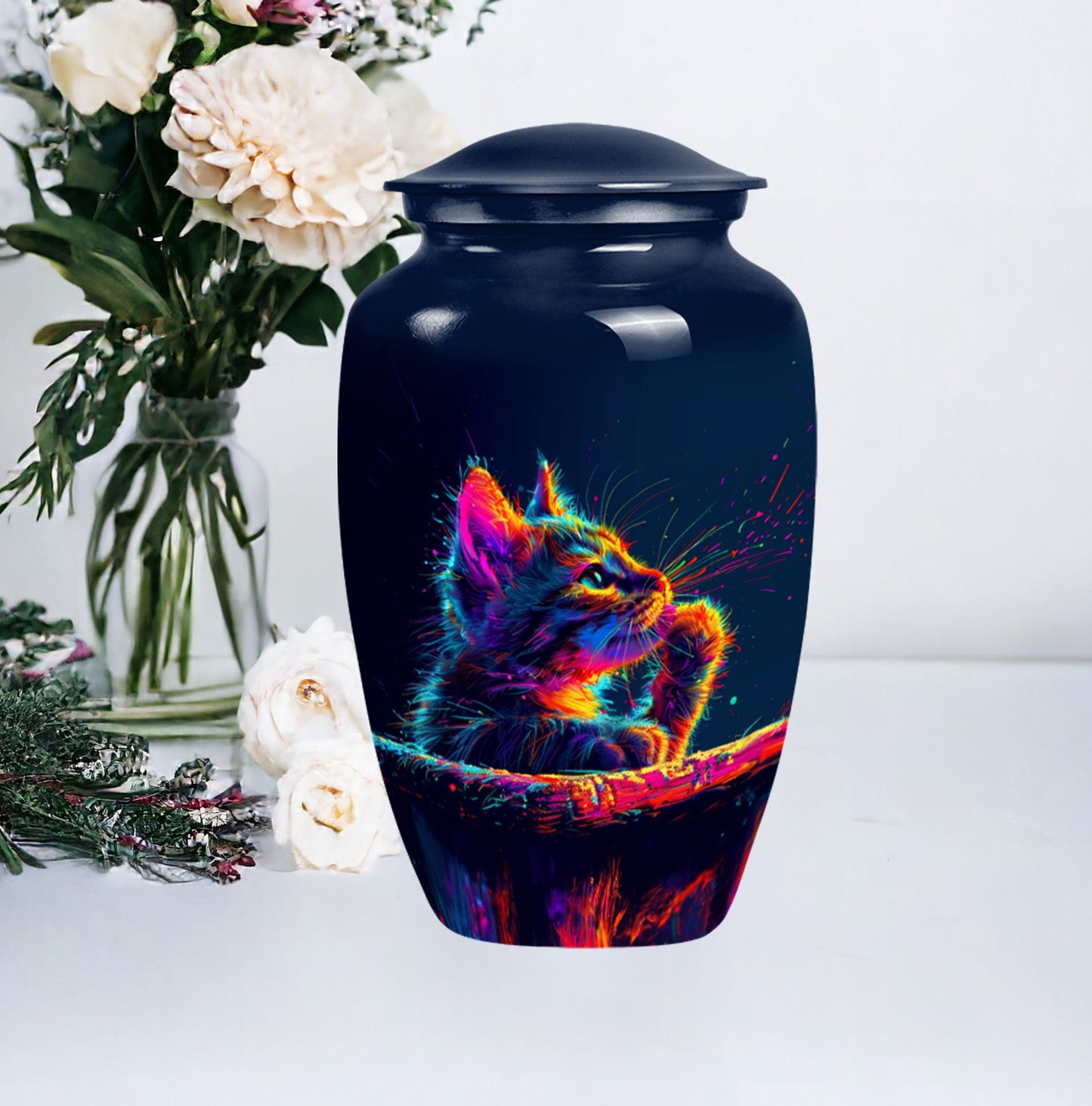 Classic Aluminium Cat Urn, Large Abstract Design with Engraving.