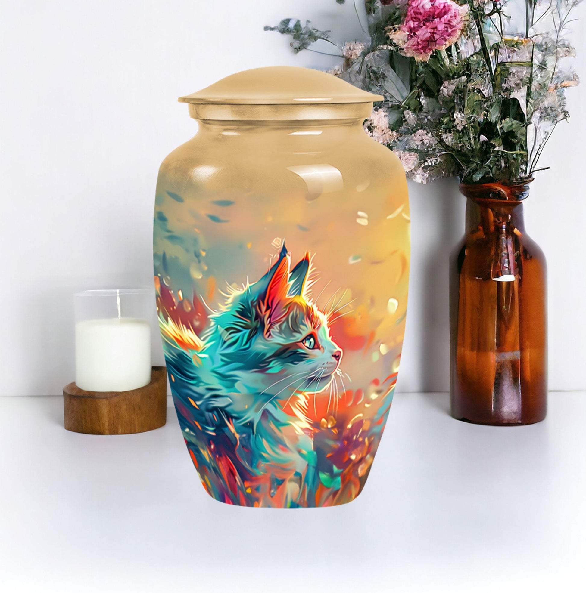 10-inch classic abstract cat urn made of aluminum