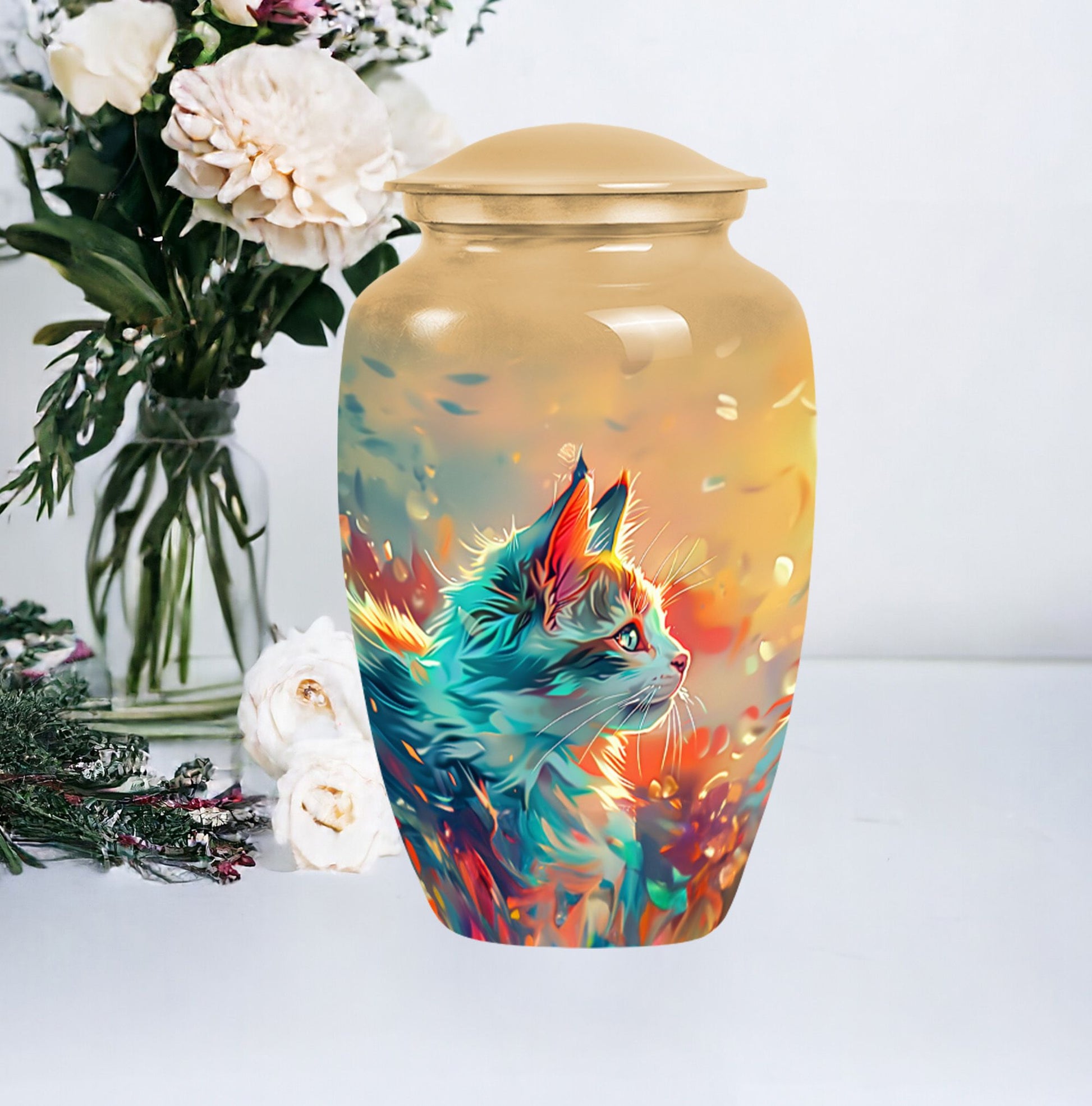 10-inch classic abstract cat urn made of aluminum