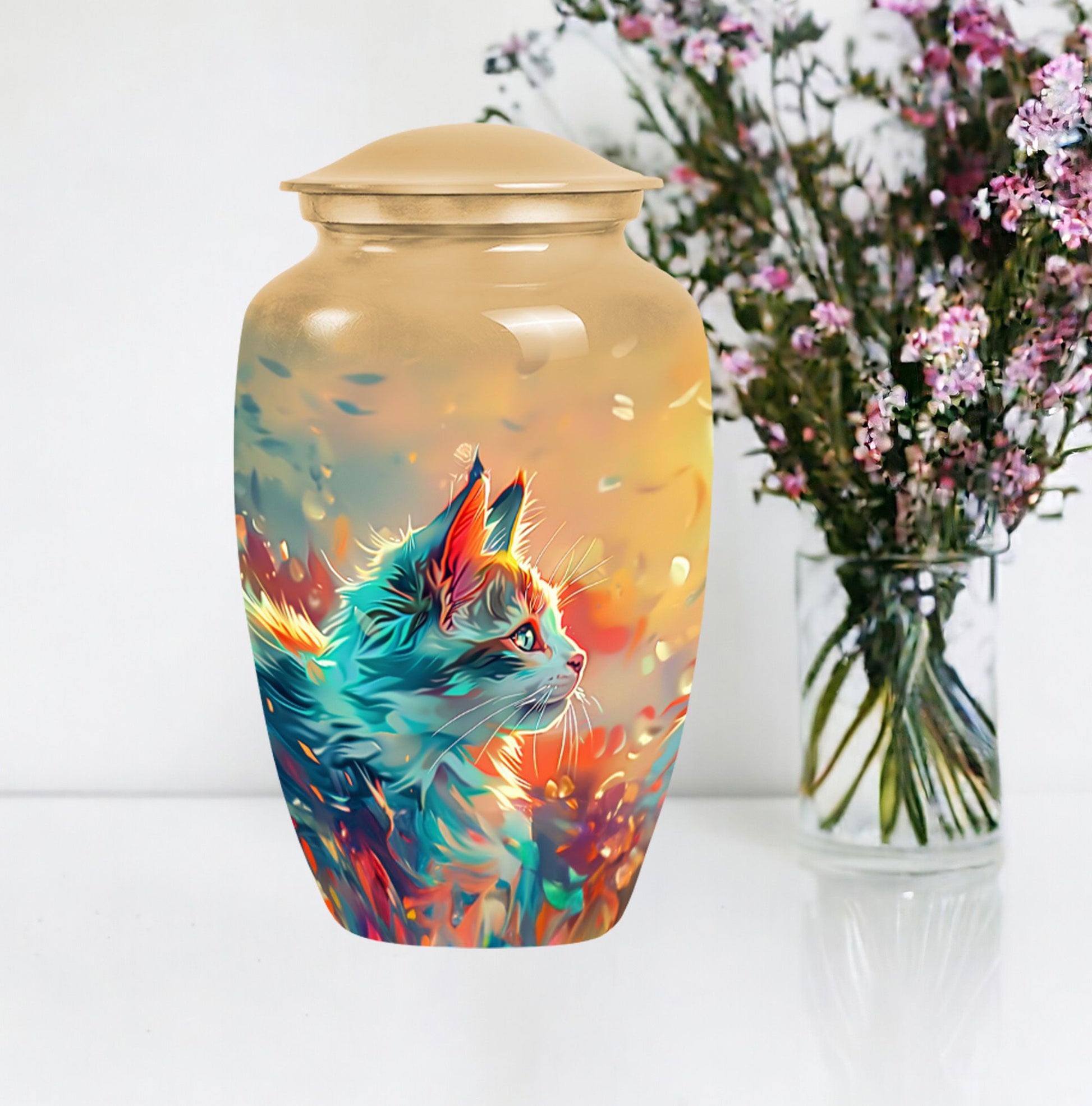 10-inch classic abstract cat urn made of aluminum