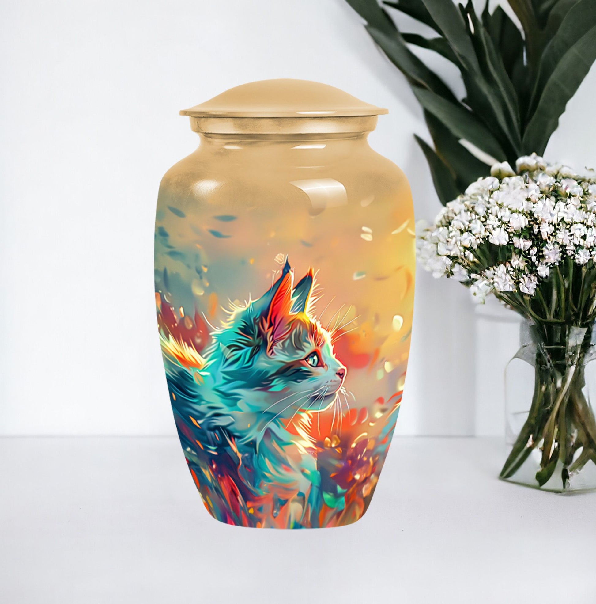 10-inch classic abstract cat urn made of aluminum