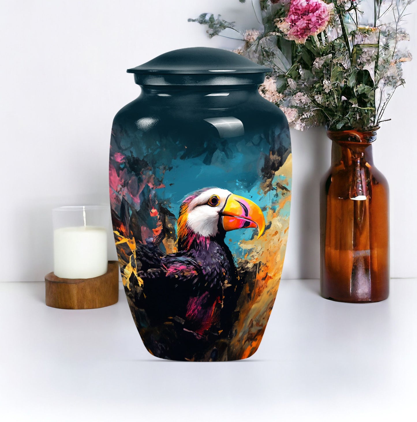 10-inch classic Puffin Bird cremation urn for human ashes.