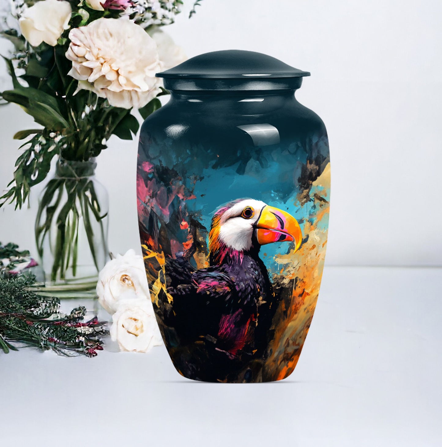 10-inch classic Puffin Bird cremation urn for human ashes.
