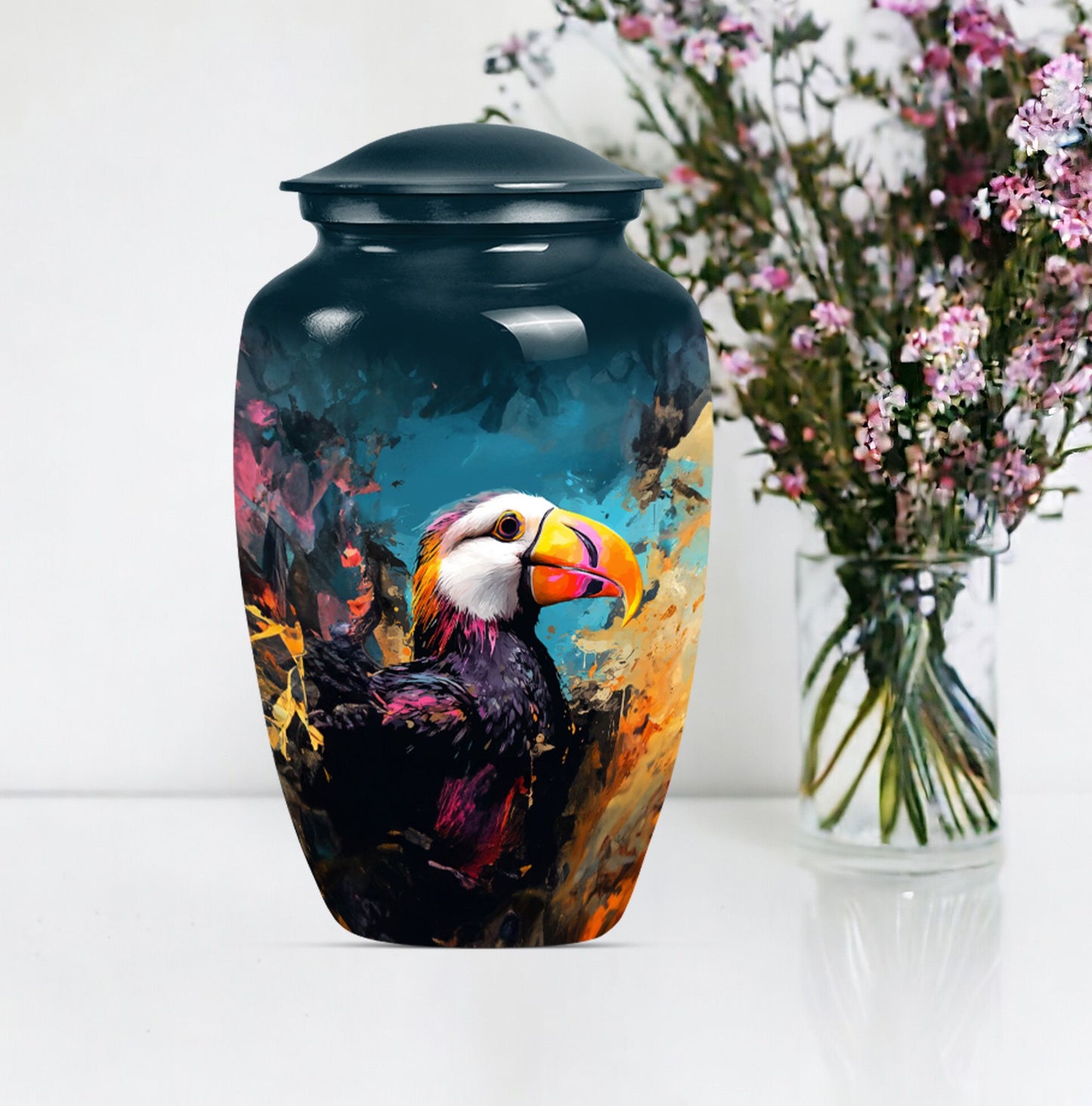 10-inch classic Puffin Bird cremation urn for human ashes.