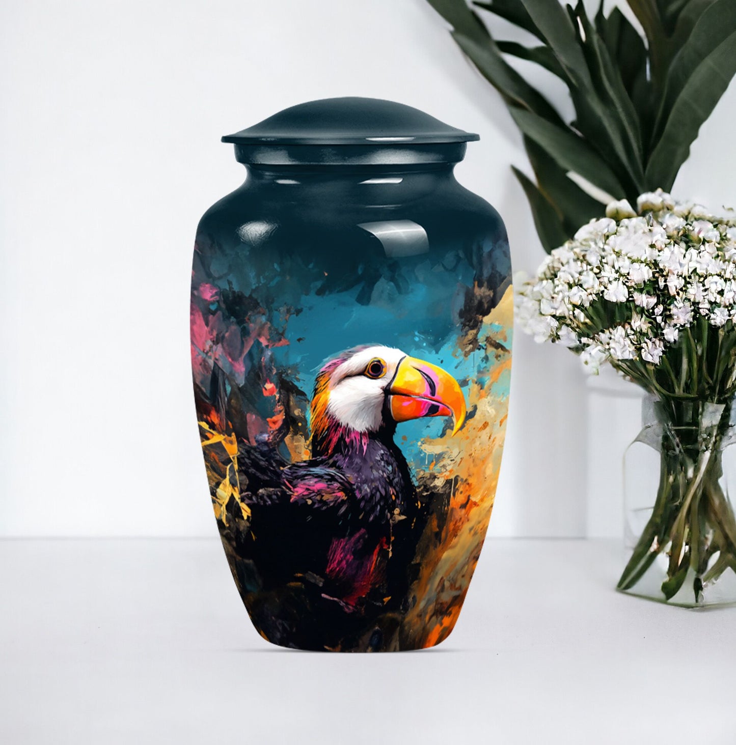 10-inch classic Puffin Bird cremation urn for human ashes.