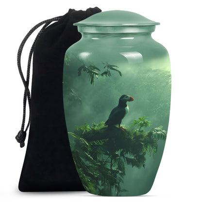 Classic 10-inch puffin bird burial urn for human ashes.