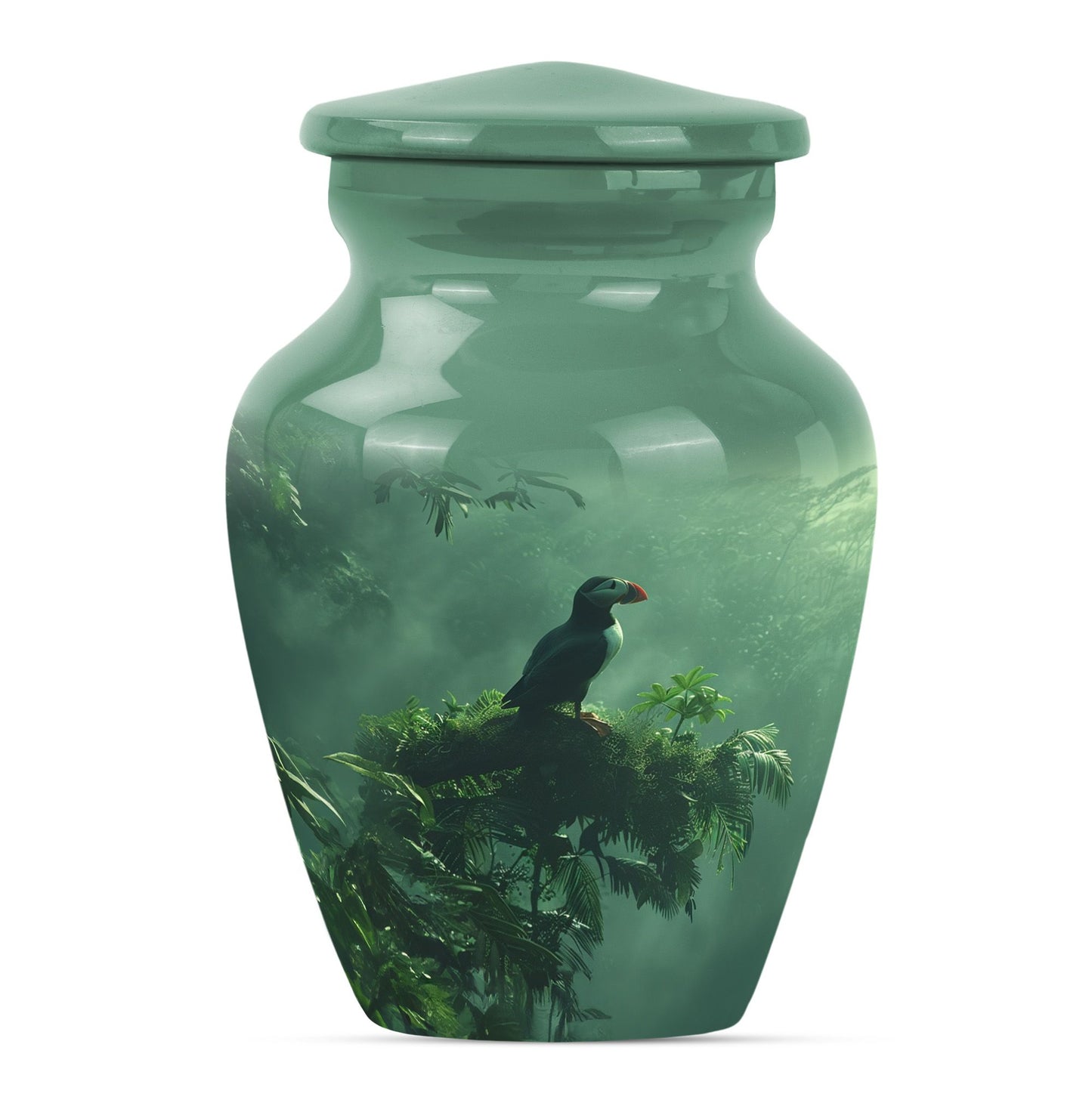 Classic 10-inch puffin bird burial urn for human ashes.