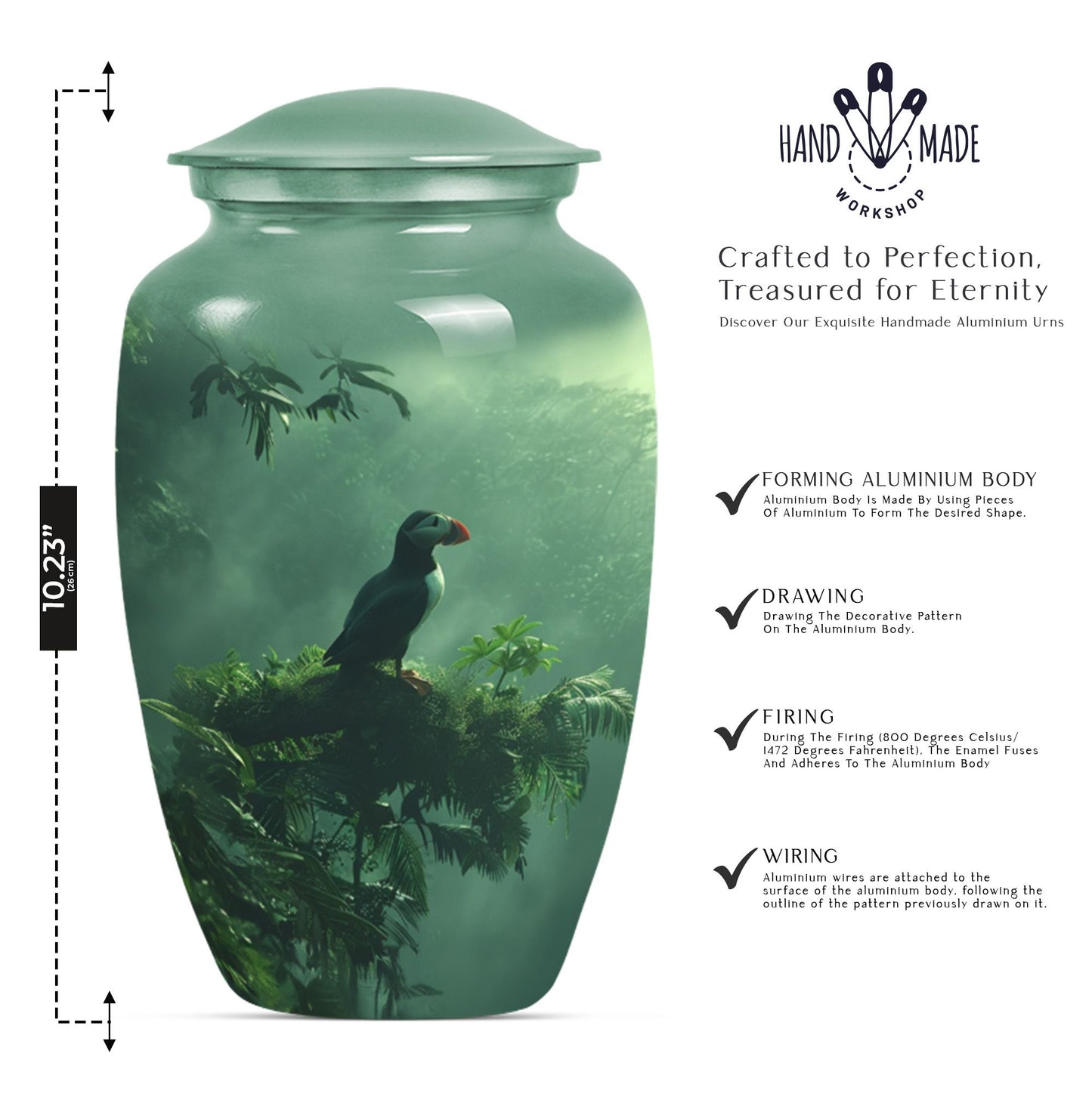 Classic 10-inch puffin bird burial urn for human ashes.