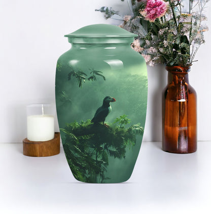 Classic 10-inch puffin bird burial urn for human ashes.