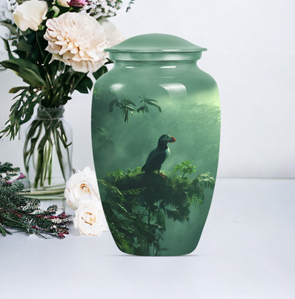 Classic 10-inch puffin bird burial urn for human ashes.