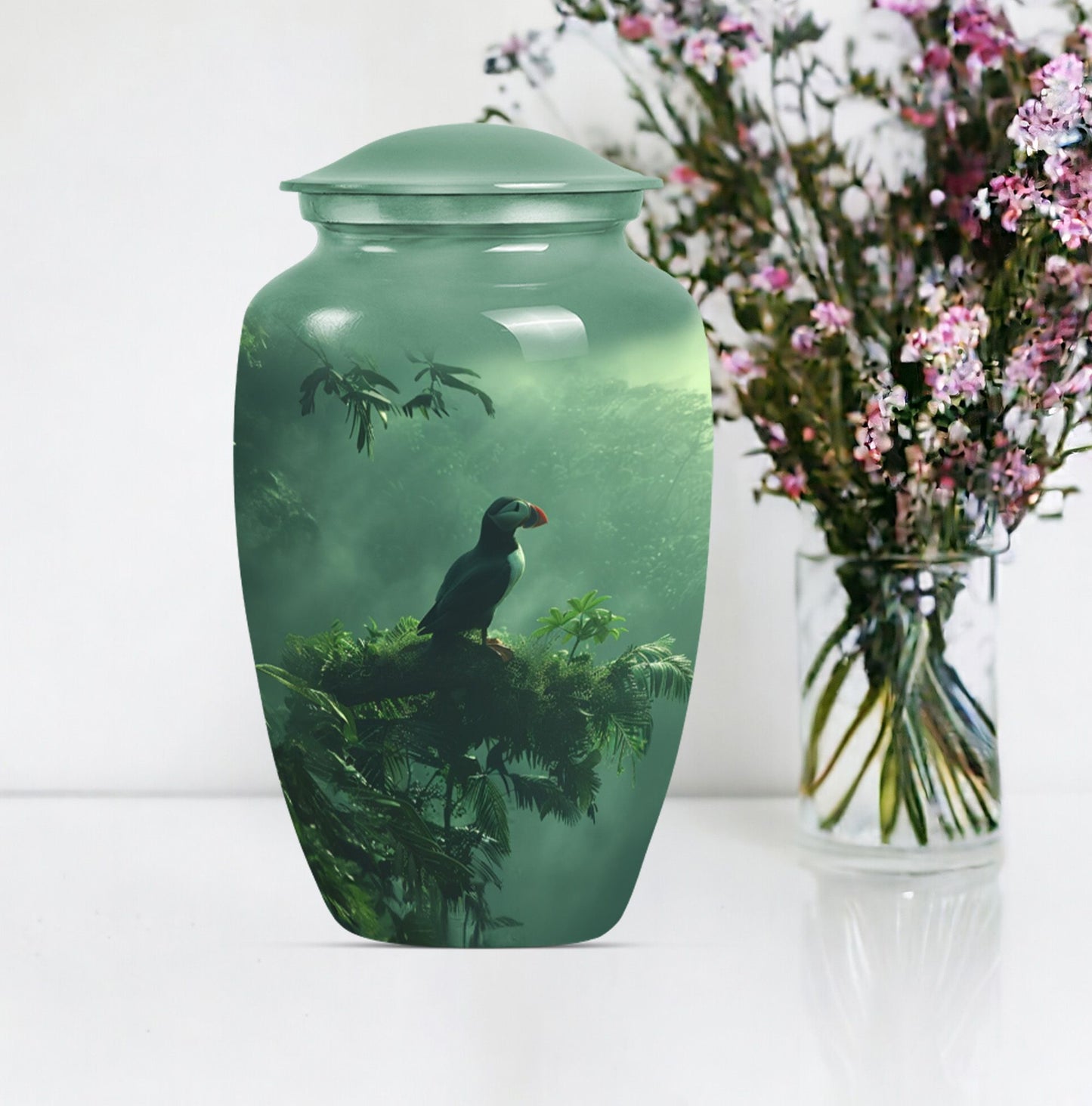 Classic 10-inch puffin bird burial urn for human ashes.