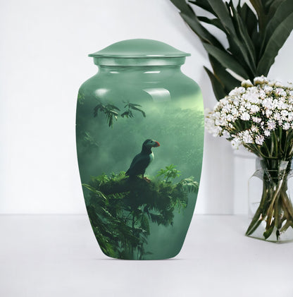 Classic 10-inch puffin bird burial urn for human ashes.