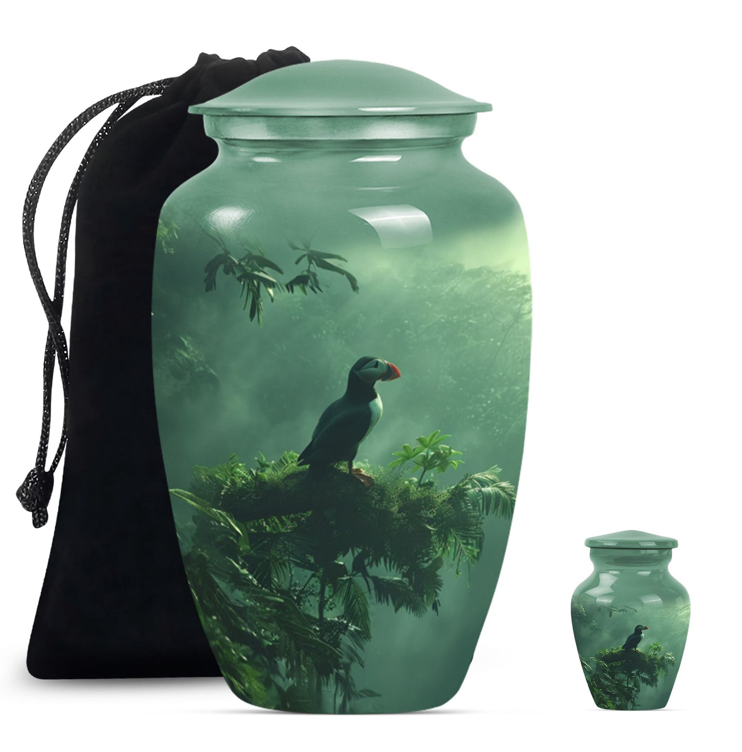 Classic 10-inch puffin bird burial urn for human ashes.